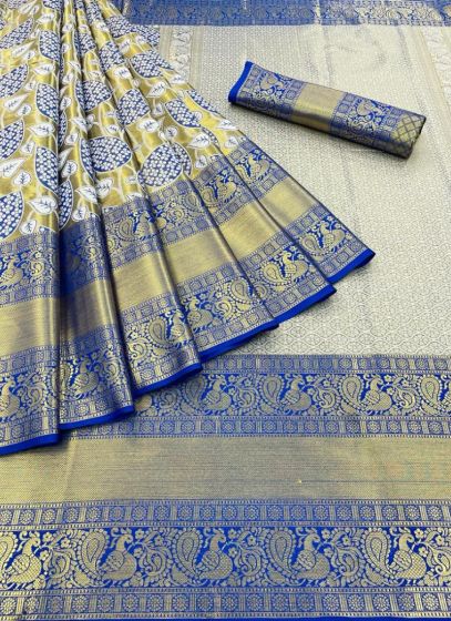 Amazing Blue Super Hit Design Handloom Silk Kanjiwaram Saree