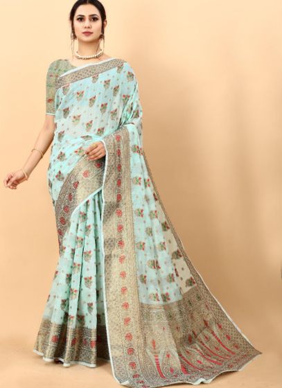 Amazing Party Wear Sky Blue Cotton Silk Women Saree