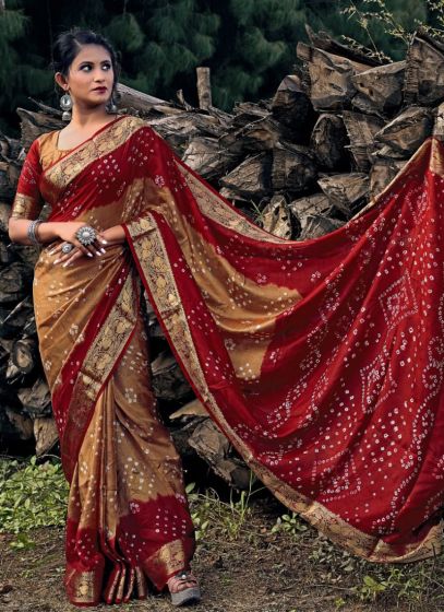 Amazing Traditional Brown Bandhej Saree For Women