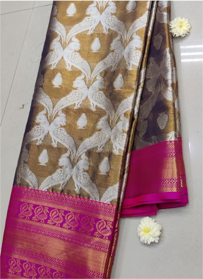 Attractive Gold Pure Soft Tissue Banarasi Silk Traditional Saree