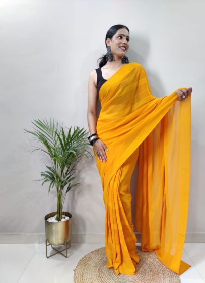 Attractive Yellow Drape Style Saree For Women