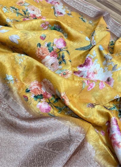 Casual Wear Yellow Digital Printed Chanderi Silk Saree