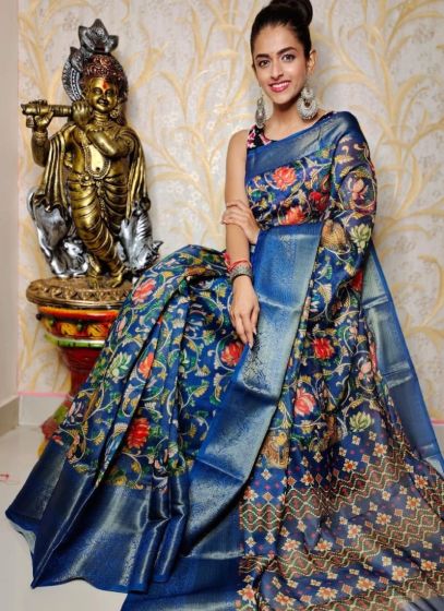 Chanderi Silk Sky Blue Printed Saree