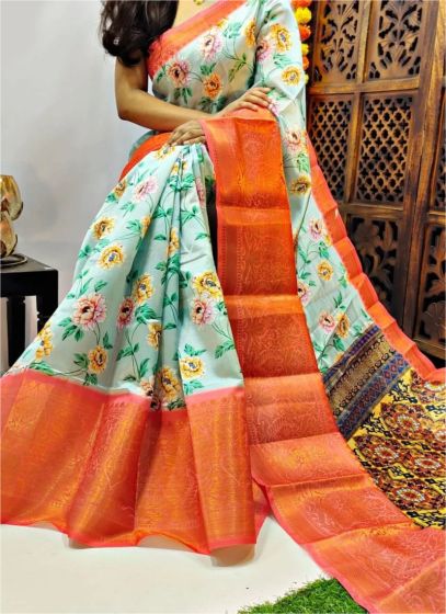 Charming Rama Chanderi Silk Digital Printed Saree