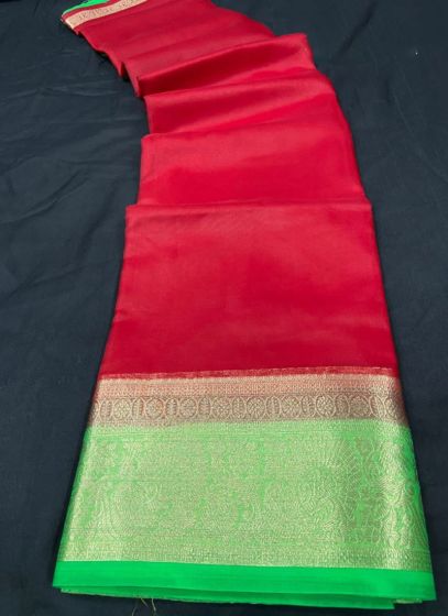 Delightful Organza Silk Red Latest Plain Saree