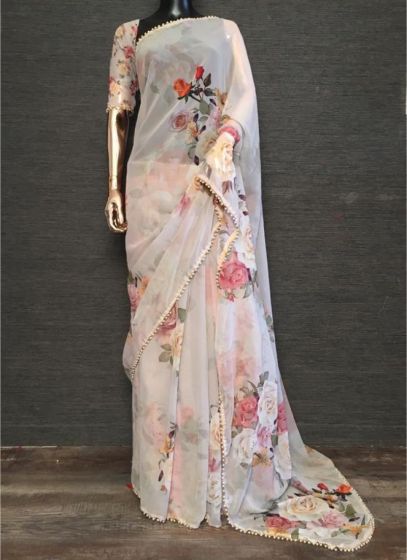 Designer Off White Georgette Printed With Pearl Lace Saree