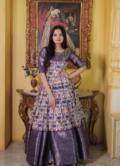 Designer Readymade Patola Printed Purple Silk Gown