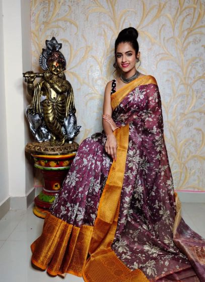 Digital Print Purple Latest Styles Chanderi Silk Saree