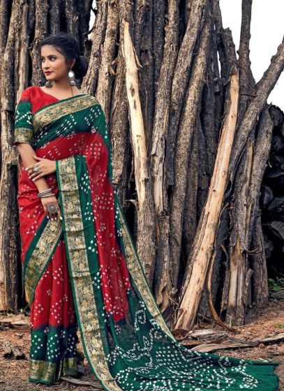 Elegant Traditional Red Bandhej Saree For Women