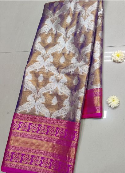 Festive Wear Gold Pure Soft Tissue Banarasi Silk Traditional Saree