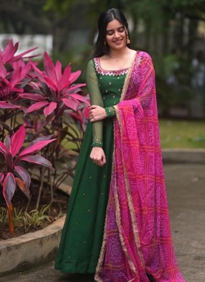 Green Maxy Gown With Print Dupatta Mirror Work