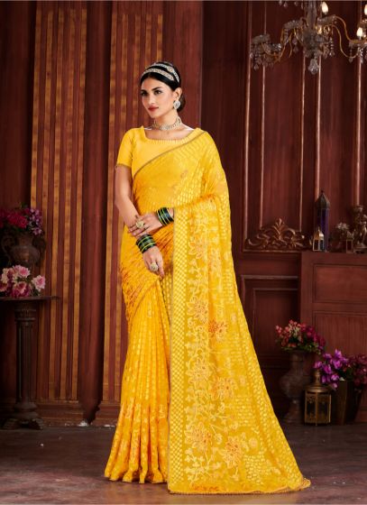 Indian Traditional Gorgeous Designer Yellow Brasso Saree