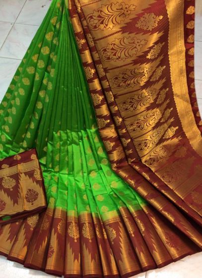 Inspirational Fluorescent Green Organza Silk Maharashtrian Look Saree