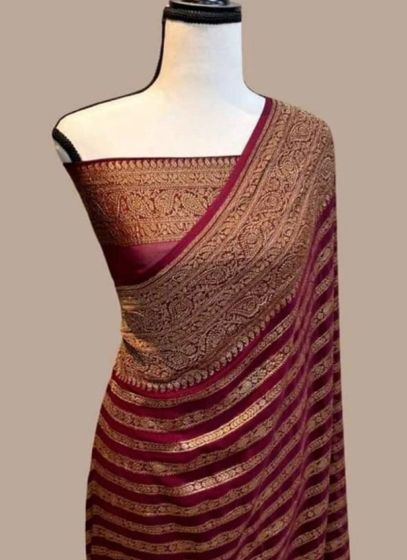 Latest Wine Georgette Zari Work Saree