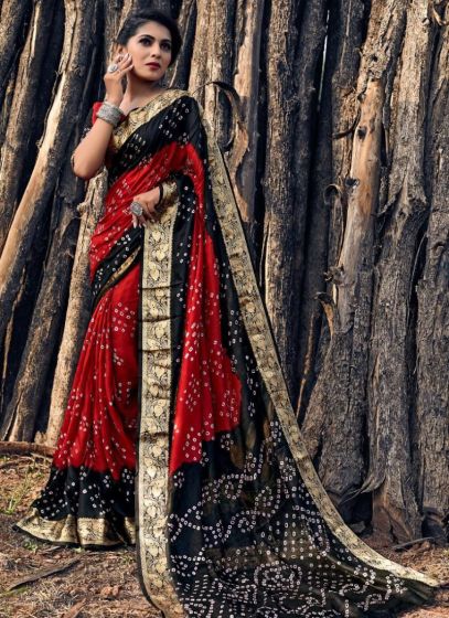 Lovely Zari Weaving Bandhej Red Saree For Women