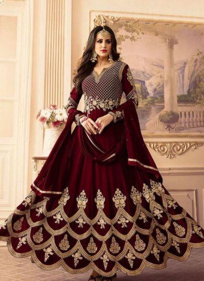 Maroon Georgette Embroidered Gown For Women