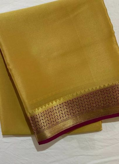 Mustard Yellow Woven Work Broad Contrast Border Plain Saree