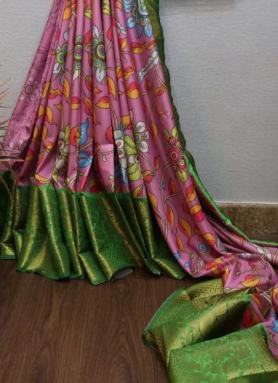 New Kalamkari Print All Over Print With Zari Border Pink Latest Design Saree