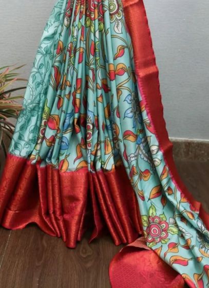 New Kalamkari Print All Over Print With Zari Border Sky Blue Latest Design Saree