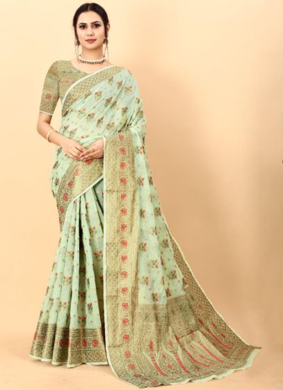 Partywear Cotton Silk Green Saree For Women