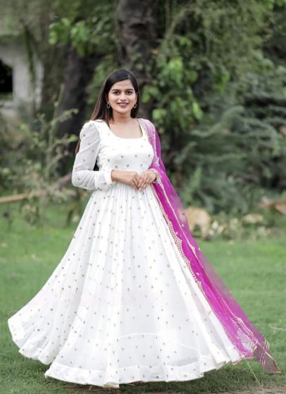 Partywear White Georgette Long Gown