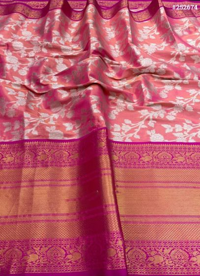 Pure Soft Tissue Banarasi Silk Salmon Pink Latest Design Traditional Saree