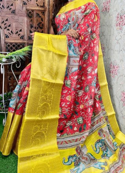 Red Festive Kalamkari Printed Chanderi Silk Saree