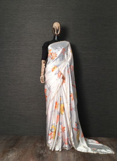 Silver Floral Printed Heavy Japan Satin Saree With Pearl Lace Border