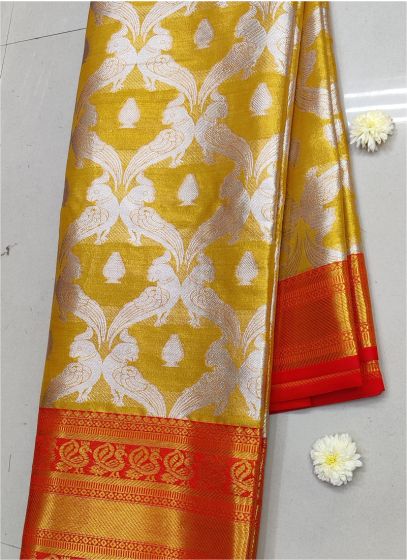 Stunning Yellow Pure Soft Tissue Banarasi Silk Traditional Saree