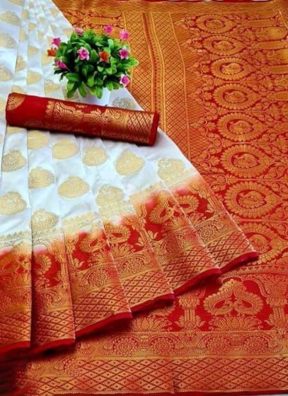 Stylish Off White Soft Silk Balaton Latest Indian Saree