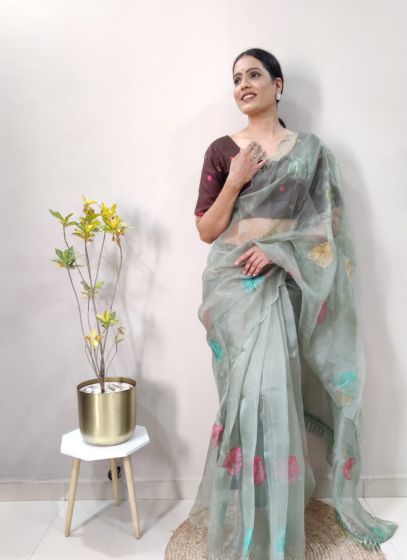 Stylish Party Wear Grey Organza Embroidery Saree