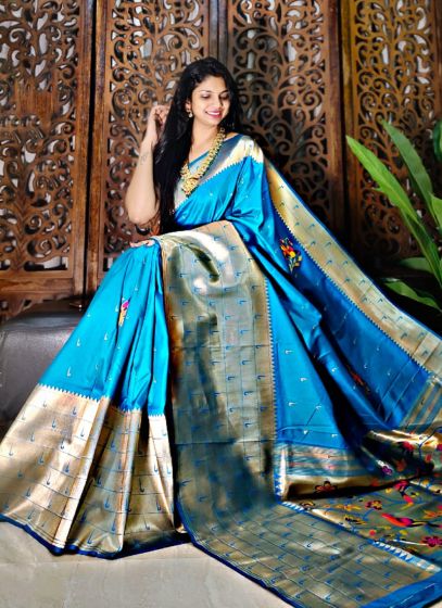 Unique Paithani Weaving Saree In Sky Blue