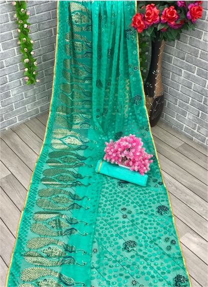 Women Brasso Embroidered Rama Saree With Unstitched Blouse Piece