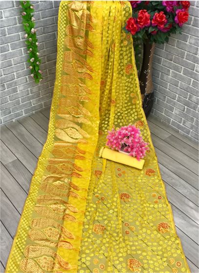 Women Brasso Embroidered Yellow Saree With Unstitched Blouse Piece