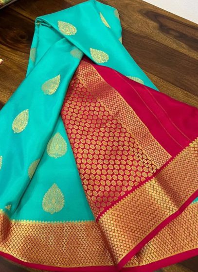 Woven Work Sky Blue Delightful Contrast Border Saree