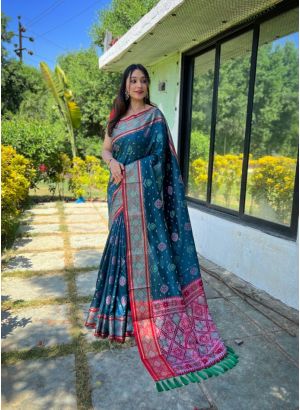 Adorable Teal Blue Patola Silk Festival Wear Saree