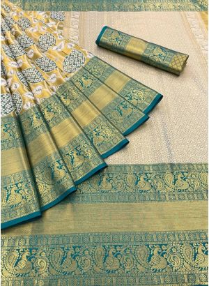 Amazing Teal Super Hit Design Handloom Silk Kanjiwaram Saree