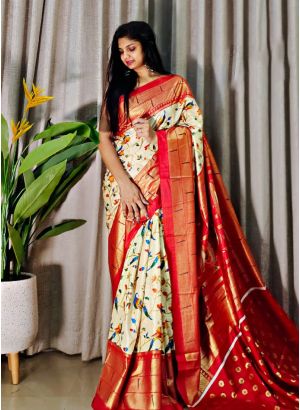 Delightful Cream Foil Printed Saree