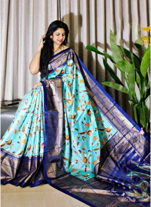 Elegant Sky Blue Foil Printed Saree