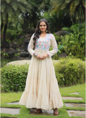 Latest Party Wear Off White Cotton Gown