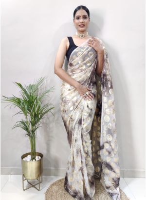 Partywear Ready To Wear Cream Saree For Women