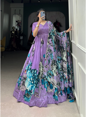 Partywear Ready To Wear Floral Print With Lace Touch Up Gown In Purple