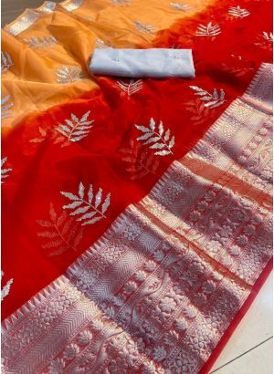 Red Kanchipuram Organza Jacquard Latest Design Wedding Saree