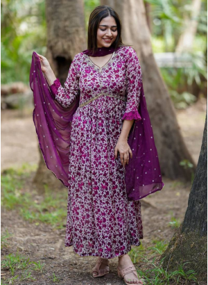 Trending Wine Georgette Kurti With Dupatta