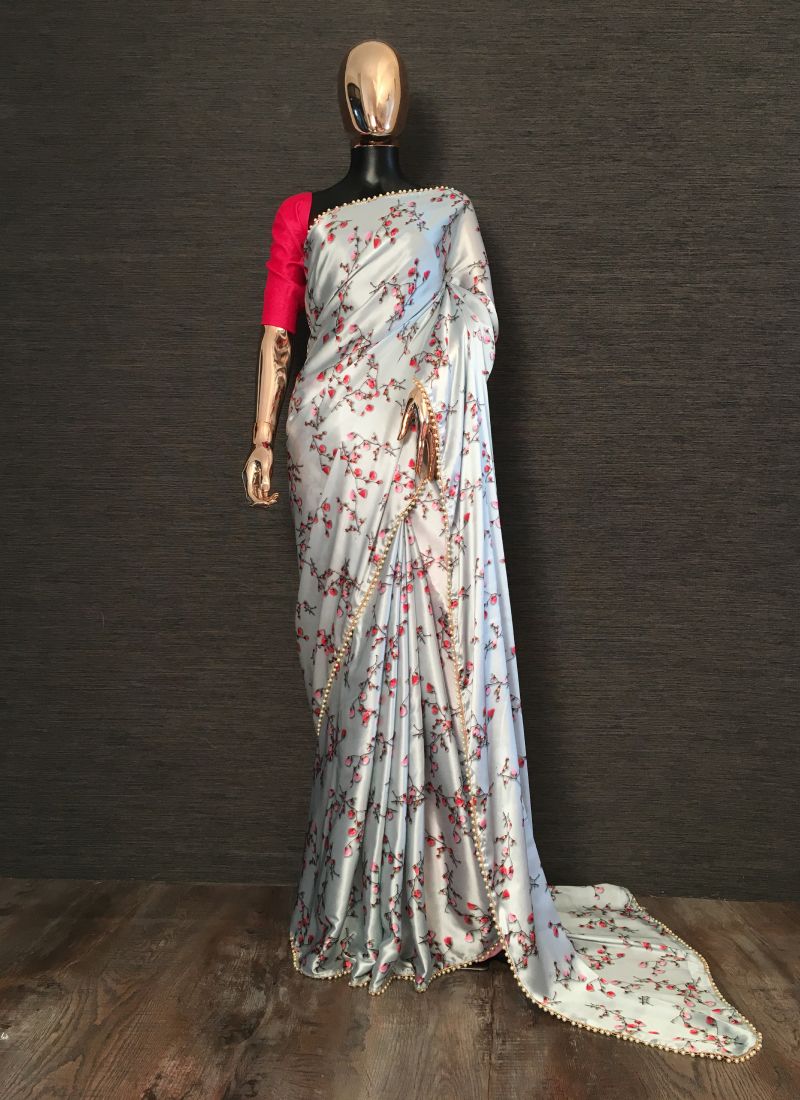 Buy Grootinn Printed Japan Satin Saree For Girls And Womens (Blue)(Blouse :  black) Online at Best Prices in India - JioMart.