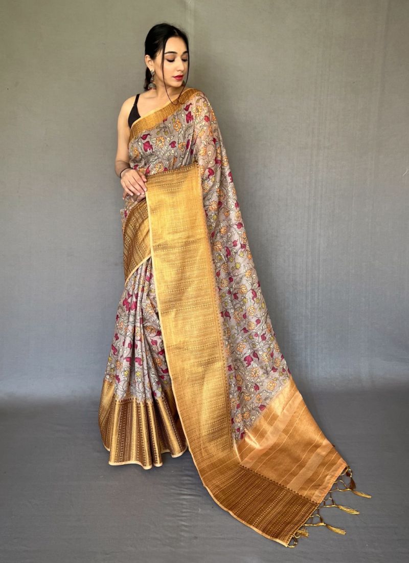 Pista Green Kalamkari Printed Linen Saree - Urban Womania