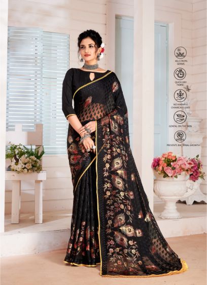 Women Brasso Embroidered Black Saree With Unstitched Blouse Piece