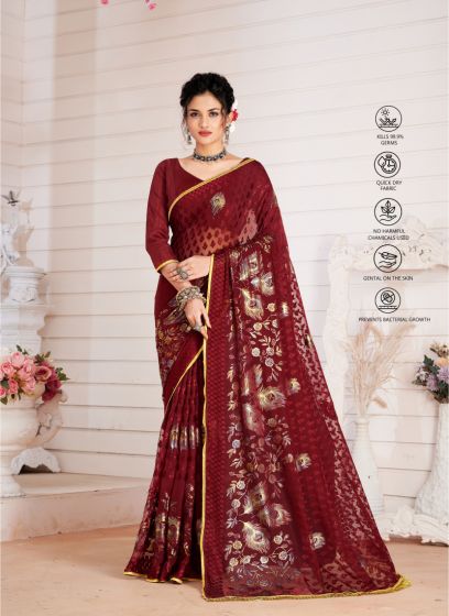 Women Brasso Embroidered Maroon Saree With Unstitched Blouse Piece