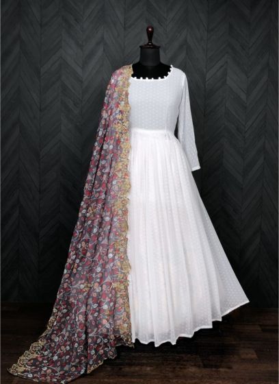 Women White Georgette With Heavy Dupatta Gown