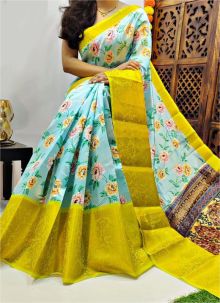 Attractive Sky Blue Chanderi Silk Digital Printed Saree